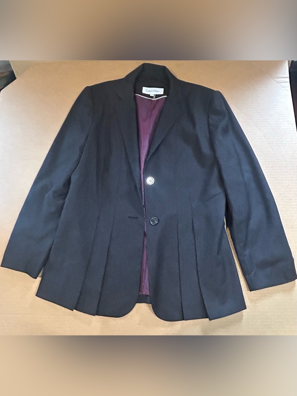 Calvin Klein Black Women's Pleated Front Blazer with Burgundy Lining